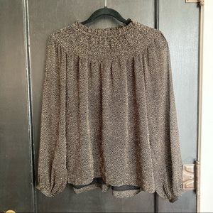 Loft Gathered Neck Chiffon Top in Black Dots